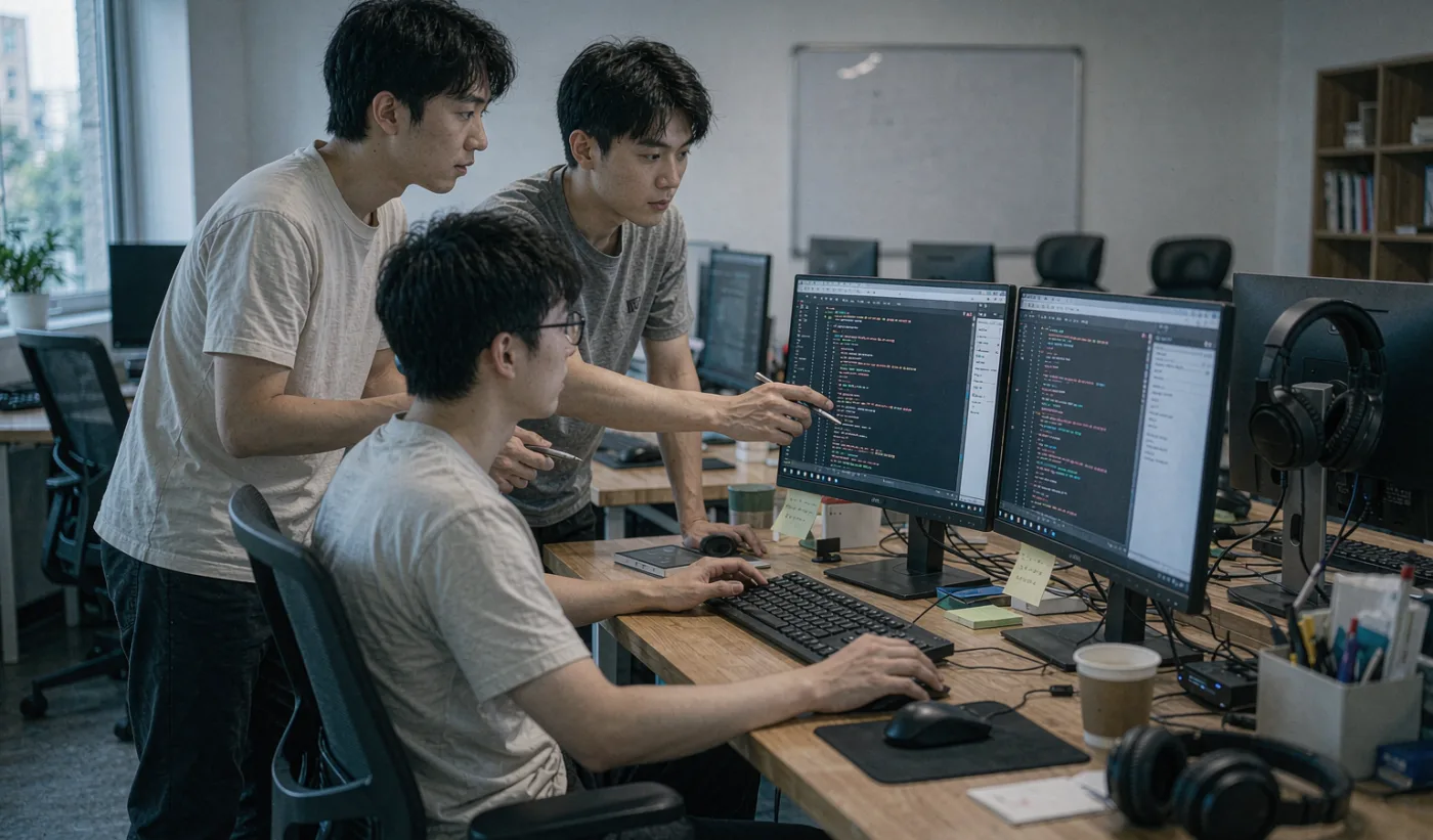 白猿科技团队在办公室讨论代码